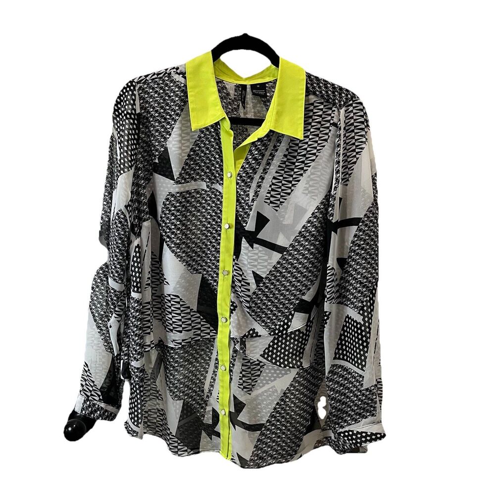 New Directions Black White Sheer Geometric Layered Button Neon Trim Top 1X
